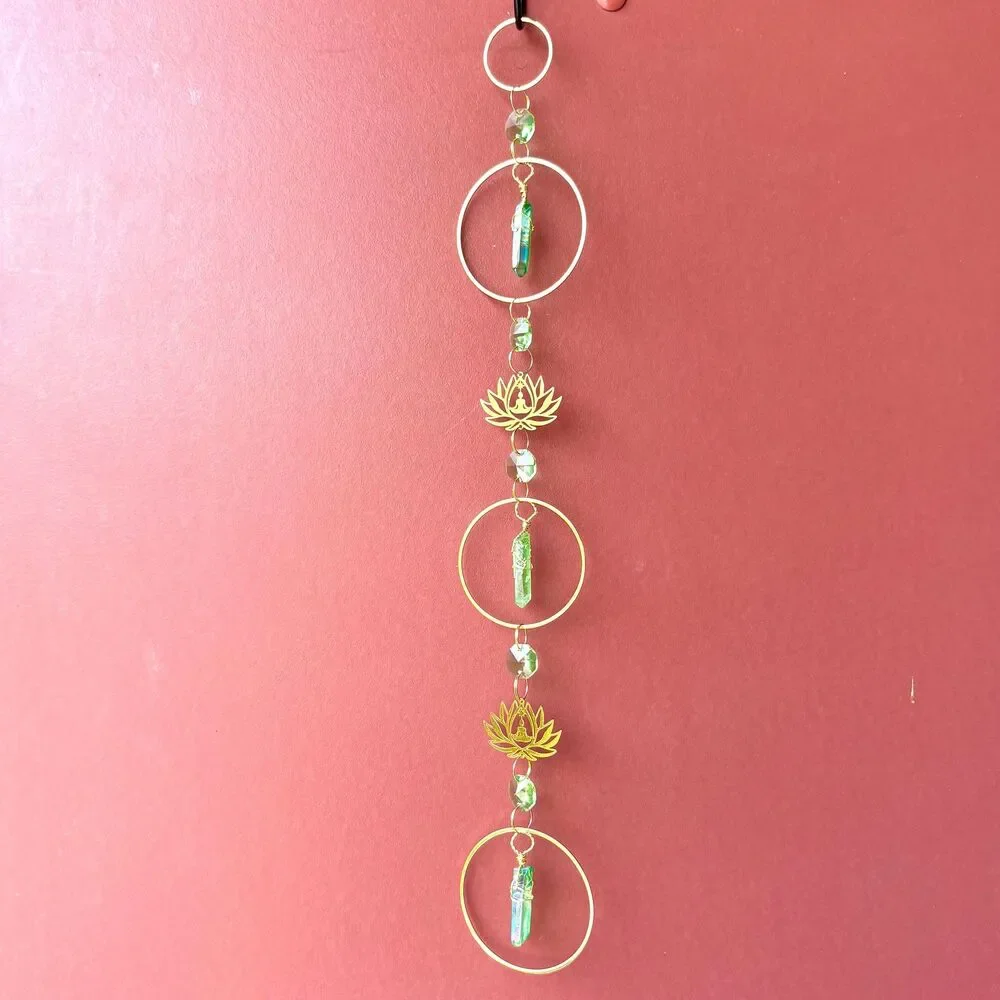 Green Aura Quartz Wall Hanging | Gold Lotus Meditation Charm | Love Abundance